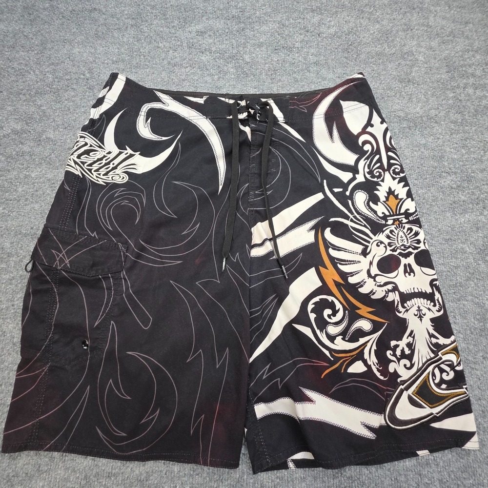 Oneill Shorts Mens 34 Black Tribal Skull Board Shorts Trunks Grunge Skater VtG